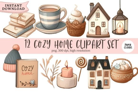 Download 12 Cozy Hygge Hone Elements Clipart Set - Cozy Collection