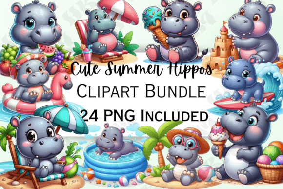 Download Cute Cartoon Summer Hippo Clipart - Premium Bundle